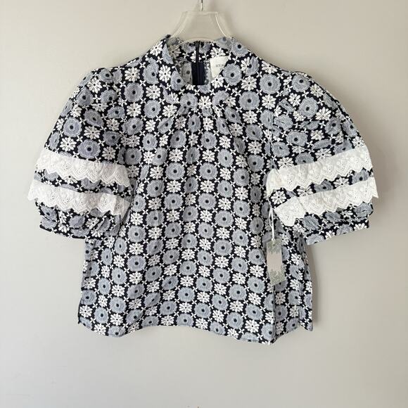 Hyacinth House Navy Blue White Floral Gigi Blouse XS Lace Trim Puff Sleeve New - Picture 2 of 6
